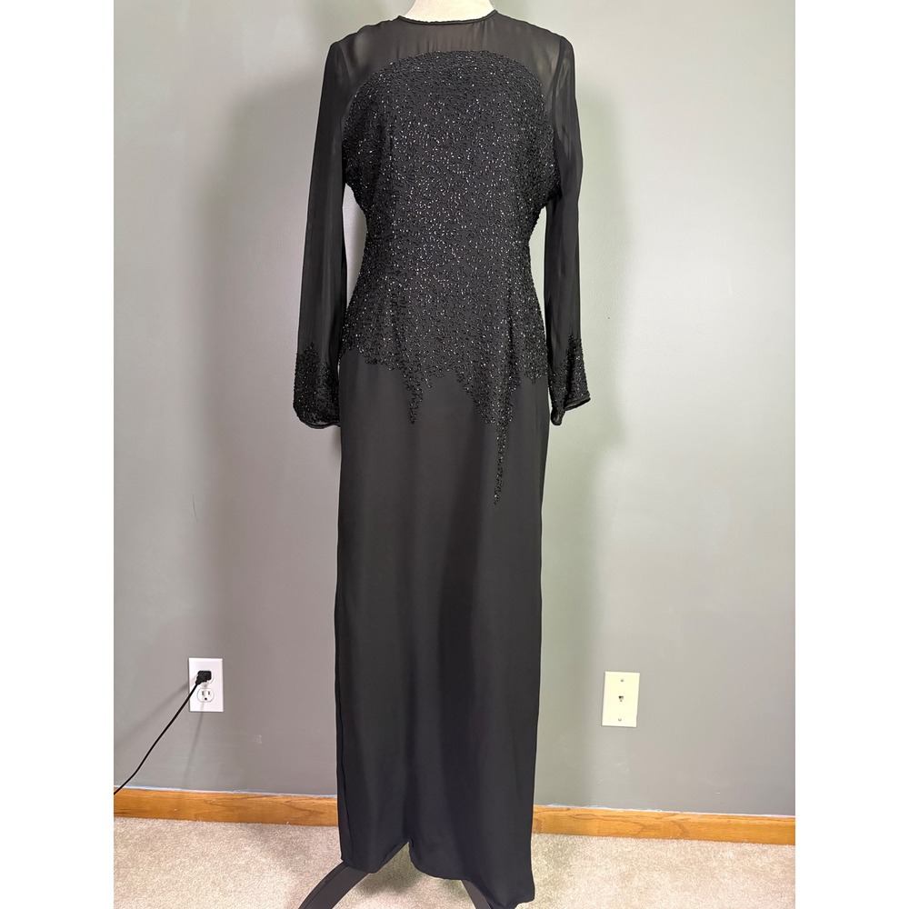 Vintage JMD New York Silk Maxi Dress S Black Beaded Sheer Evening Gown Formal - Picture 2 of 8